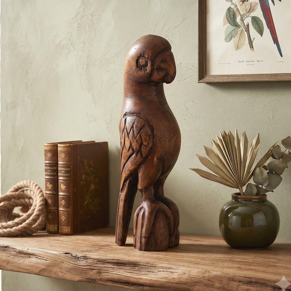 Vintage Hand Carved Wooden Parrot Figurine Tropical Bird Sculpture 9.5in